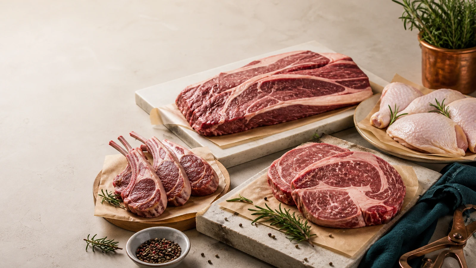 Halal beef and lamb cuts neatly arranged by a Singapore butcher with herbs and labels